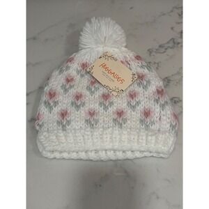 Huggalugs Bitty Blooms Beanie Blush Pink White Floral Knit Pom Pom Large 2-6Y